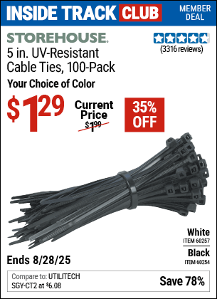 Harbor Freight Coupons, HF Coupons, 20% off - STOREHOUSE 4 in. White Cable Ties, 100-Pack for $0.79