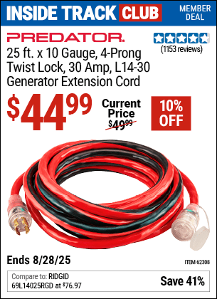 Harbor Freight Coupons, HF Coupons, 20% off - 25 Ft. X 10 Gauge Generator Duty Twist Lock Extension Cord