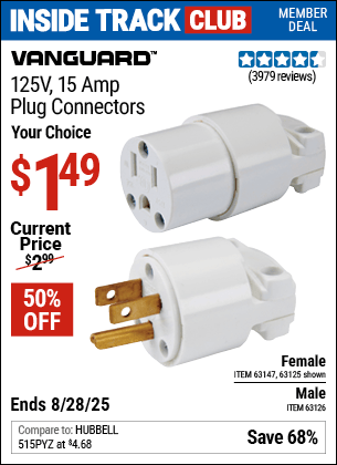 Harbor Freight Coupons, HF Coupons, 20% off - 125 Volt, 15 Amp Male Or Female Connector