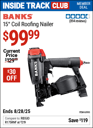 Harbor Freight Coupons, HF Coupons, 20% off - Banks 15deg. Coil Roofing Nailer
