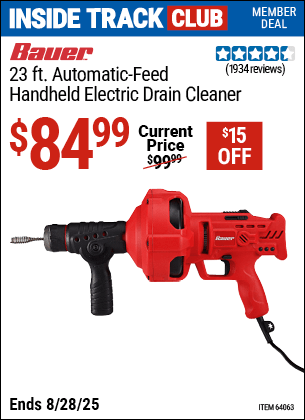 Harbor Freight Coupons, HF Coupons, 20% off - Bauer 23 Ft Auto Feed Handheld Electric Drain Cleaner