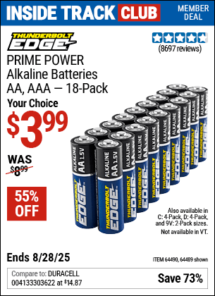 Harbor Freight Coupons, HF Coupons, 20% off - Thunderbolt Edge Alkaline Plus Batteries, Aa, Aaa - 18pk