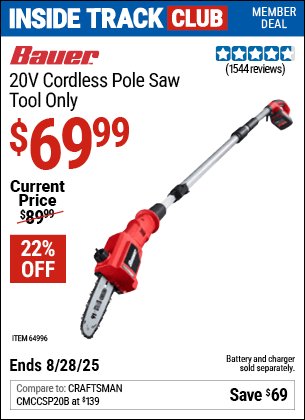 Harbor Freight Coupons, HF Coupons, 20% off - BAUER 20v Hypermax Lithium Cordless Pole Saw - Tool Only
