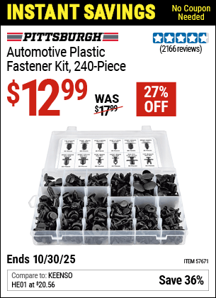 Harbor Freight Coupons, HF Coupons, 20% off - PITTSBURGH Automotive Plastic Fastener Kit for $13.99