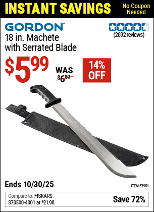 Harbor Freight Coupons, HF Coupons, 20% off - GORDON 18 in. Machete with Serrated Blade for $5.99