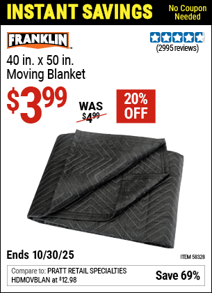 Harbor Freight Coupons, HF Coupons, 20% off - FRANKLIN 40 in. x 50 in. Moving Blanket for $4.49