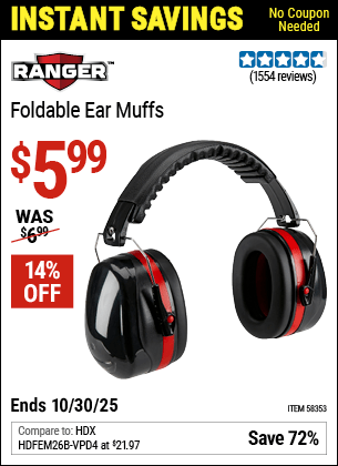 Harbor Freight Coupons, HF Coupons, 20% off - RANGER Foldable Ear Muffs for $5.99