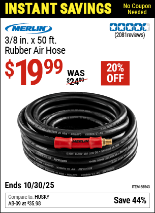Harbor Freight Coupons, HF Coupons, 20% off - MERLIN 3/8 in. x 50 ft. Rubber Air Hose 