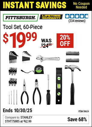 Harbor Freight Coupons, HF Coupons, 20% off - PITTSBURGH Tool Kit, 60 Pc. for $19.99