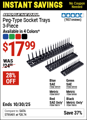 Harbor Freight Coupons, HF Coupons, 20% off - U.S. GENERAL Peg-Type Socket Tray, 3 Pc. for $14.99