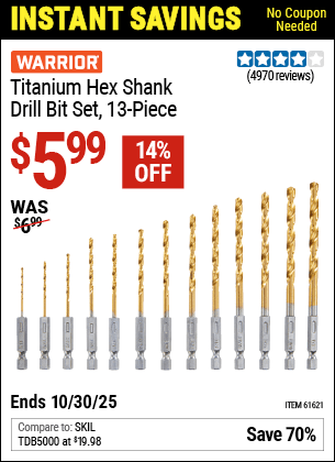 Harbor Freight Coupons, HF Coupons, 20% off - 13 Piece Titanium Nitride Coated High Speed Steel Drill Bits