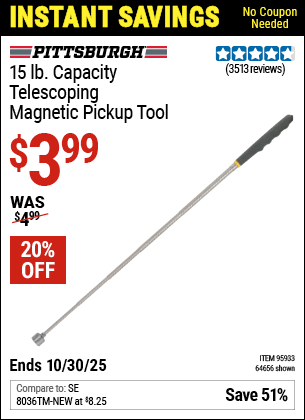 Harbor Freight Coupons, HF Coupons, 20% off - 15 lb. Capacity Telescoping Magnetic Pickup Tool