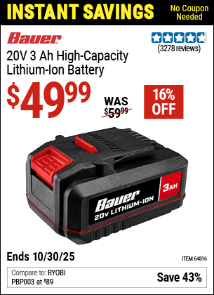 Harbor Freight Coupons, HF Coupons, 20% off - 20 Volt, 3.0 Amp Hour Battery