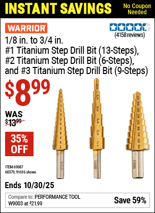 Harbor Freight Coupons, HF Coupons, 20% off - 3 Piece Titanium High Speed Steel Step Bits