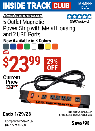 Harbor Freight Coupons, HF Coupons, 20% off - 5 Outlet Magnetic Power Strip with Metal Housing and 2 USB Ports, Orange