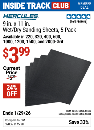 Harbor Freight Coupons, HF Coupons, 20% off - HERCULES 9 in. x 11 in. 1000 Grit Wet/Dry Sanding Sheets with Aluminum oxide Grain, 5-Pack for $2.99