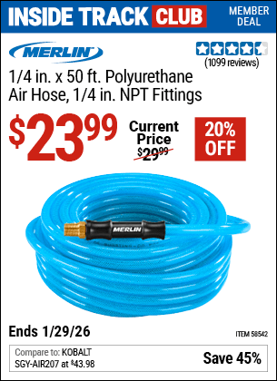 Harbor Freight Coupons, HF Coupons, 20% off - MERLIN 1/4 in. x 50 ft. Poly Air Hose for $19.99