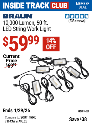 Harbor Freight Coupons, HF Coupons, 20% off - BRAUN 10 -000 Lumen 50 ft. LED String Work Light for $52.99