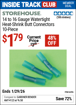 Harbor Freight Coupons, HF Coupons, 20% off - STOREHOUSE 14-16 Gauge Watertight Heat-Shrink Butt Connectors, 10-Piece for $2