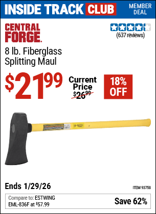 Harbor Freight Coupons, HF Coupons, 20% off - 8 Lb. Splitting Maul With 29-5/8