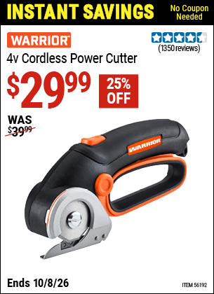 Harbor Freight Coupons, HF Coupons, 20% off - WARRIOR 4V Lithium-Ion Cordless Power Cutter for $24.99