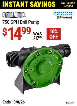 Harbor Freight Coupons, HF Coupons, 20% off - 750 GPH Drill Pump
