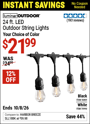 Harbor Freight Coupons, HF Coupons, 20% off - LUMINAR OUTDOOR 24ft., 12 Bob Outdoor LED String Lights