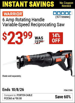 Harbor Freight Coupons, HF Coupons, 20% off - WARRIOR 6 Amp Rotating Handle Variable Speed Reciprocating Saw 