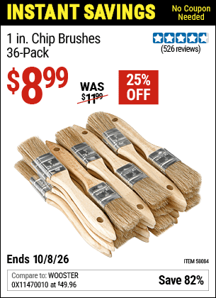Harbor Freight Coupons, HF Coupons, 20% off - 1 in. Chip Brushes for $7.99