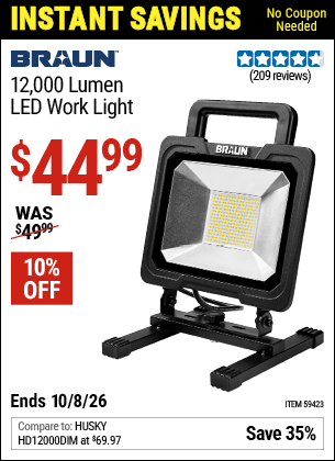 Harbor Freight Coupons, HF Coupons, 20% off - BRAUN 12 -000 Lumen LED Work Light for $42.99