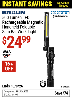 Harbor Freight Coupons, HF Coupons, 20% off - BRAUN 500 Lumen LED Rechargeable Magnetic Handheld Foldable Slim Bar Work Light 