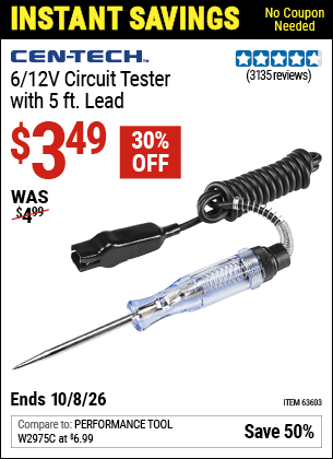 Harbor Freight Coupons, HF Coupons, 20% off - 6/12v Circuit Tester With 5 Ft. Lead