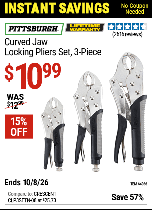Harbor Freight Coupons, HF Coupons, 20% off - 3 Piece Curved Jaw Locking Pliers Set