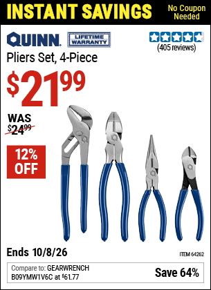 Harbor Freight Coupons, HF Coupons, 20% off - Quinn 4 Piece Pliers Set