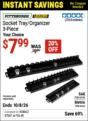 Harbor Freight Coupons, HF Coupons, 20% off - 3 Piece Socket Tray/organizers