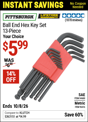 Harbor Freight Coupons, HF Coupons, 20% off - 13 Piece Ball End Hex Key Sets