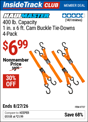 Harbor Freight Coupons, HF Coupons, 20% off - 400 Lb. Capacity 6 Ft. X 1 In. Cam Buckle Tie Downs, 4 Pk.