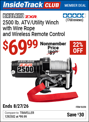 Harbor Freight Coupons, HF Coupons, 20% off - BADLAND 2500 Lb. ATV/Utility Electric Winch With Wireless Remote Control for $79.99