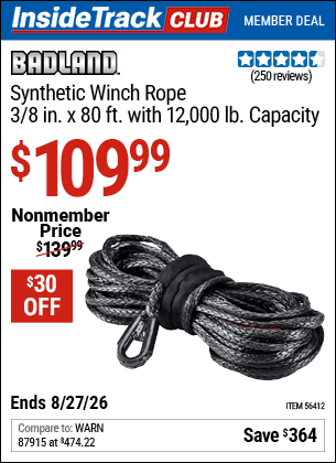 Harbor Freight Coupons, HF Coupons, 20% off - BADLAND 12,000 Lb. 80 Ft. X 3/8 In. Synthetic Winch Rope for $149.99
