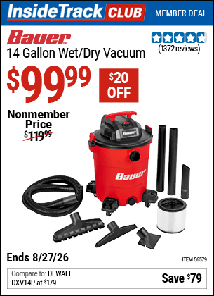 Harbor Freight Coupons, HF Coupons, 20% off - BAUER 14 Gallon Wet/Dry Vacuum for $89.99