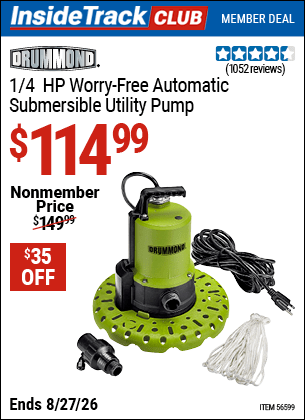 Harbor Freight Coupons, HF Coupons, 20% off - DRUMMOND 1/4 HP Worry-Free Automatic Submersible Utility Pump for $99.99
