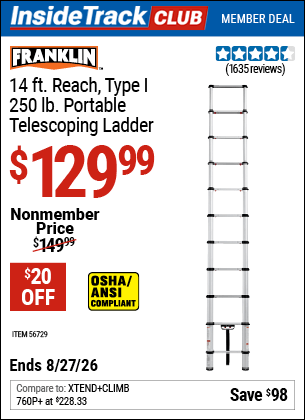 Harbor Freight Coupons, HF Coupons, 20% off - FRANKLIN Portable 14 Ft. Telescoping Ladder for $99.99
