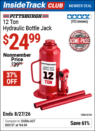 Harbor Freight Coupons, HF Coupons, 20% off - PITTSBURGH 12 Ton Hydraulic Bottle Jack for $29.99