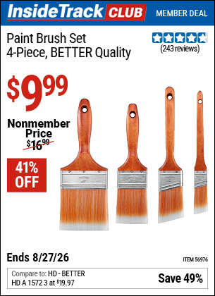 Harbor Freight Coupons, HF Coupons, 20% off - Paint Brush Set, 4 Pc, BETTER Quality for $9.99