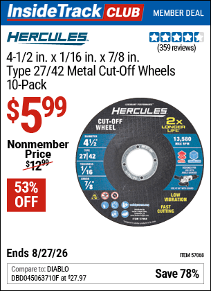 Harbor Freight Coupons, HF Coupons, 20% off - 4-1/2 in. x 1/16 in. x 7/8 in. Type 27/42 Metal Cut-off Wheel 10 Pk.