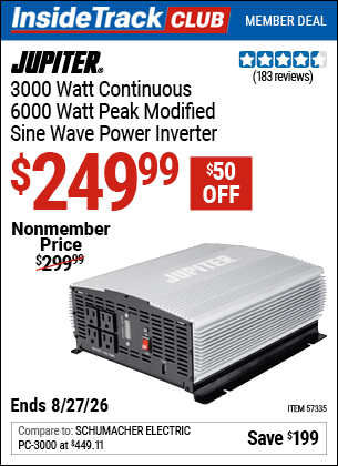 Harbor Freight Coupons, HF Coupons, 20% off - JUPITER 3000 Watt Continuous/6000 Watt Peak Modified Sine Wave Power Inverter 