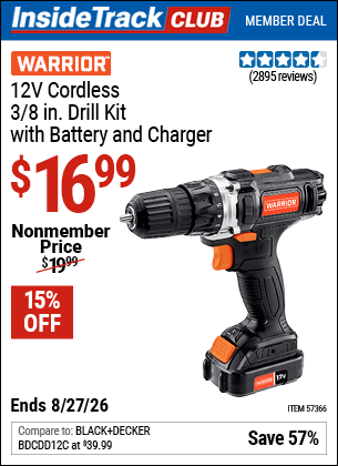 Harbor Freight Coupons, HF Coupons, 20% off - WARRIOR 12V Lithium-Ion 3/8 in. Cordless Drill/Driver for $14.99