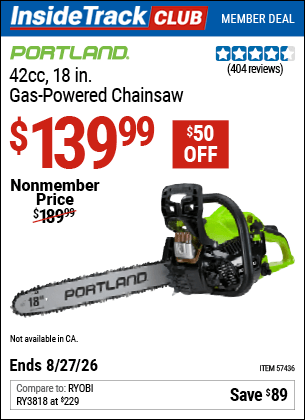 Harbor Freight Coupons, HF Coupons, 20% off - PORTLAND 42cc, 18 in. Gas-Powered Chainsaw for $129.99