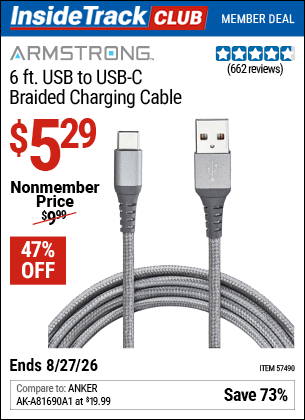 Harbor Freight Coupons, HF Coupons, 20% off - 6 ft. USB to USB-C Braided Charging Cable