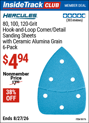 Harbor Freight Coupons, HF Coupons, 20% off - HERCULES 80/100/120 Grit Hook and Loop Corner/Detail Sanding Sheets for $3.99